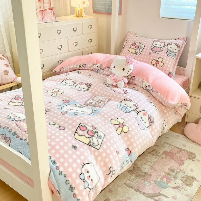 91家纺网 家纺一手货源 找家纺 川悦生活 2025新款立体雪花绒印花四件套学生床系列二场景一 开心小喵