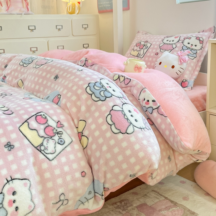 91家纺网 家纺一手货源 找家纺 川悦生活 2025新款立体雪花绒印花四件套学生床系列二场景一 开心小喵