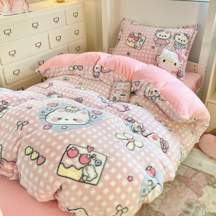 91家纺网 家纺一手货源 找家纺 川悦生活 2025新款立体雪花绒印花四件套学生床系列二场景一 开心小喵