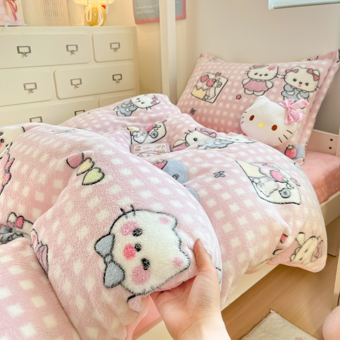 91家纺网 家纺一手货源 找家纺 川悦生活 2025新款立体雪花绒印花四件套学生床系列二场景一 开心小喵