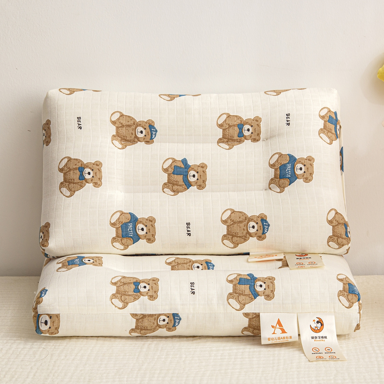 91家纺网 家纺一手货源 找家纺 织布人 2025新款枕芯A类全棉双层纱婴幼儿童枕头午睡枕学生宿舍专用枕芯 A类婴幼儿童枕-绅士熊