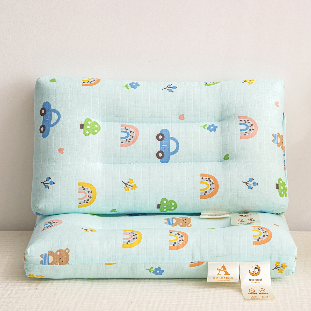 91家纺网 家纺一手货源 找家纺 织布人 2025新款枕芯A类全棉双层纱婴幼儿童枕头午睡枕学生宿舍专用枕芯 A类婴幼儿童枕-汽车小熊