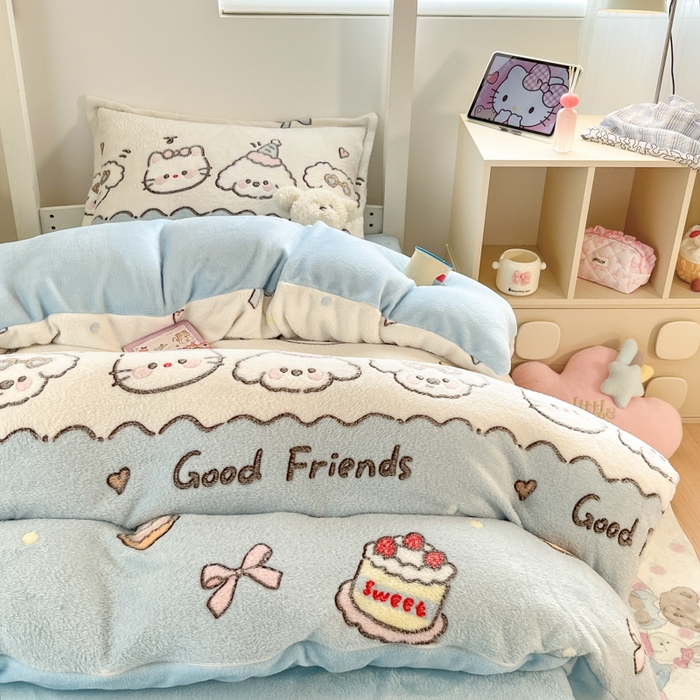 91家纺网 家纺一手货源 找家纺 川悦生活 2025新款立体雪花绒印花四件套学生床系列二场景一 快乐派对