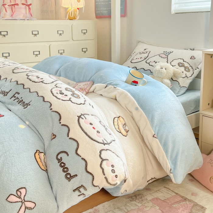 91家纺网 家纺一手货源 找家纺 川悦生活 2025新款立体雪花绒印花四件套学生床系列二场景一 快乐派对