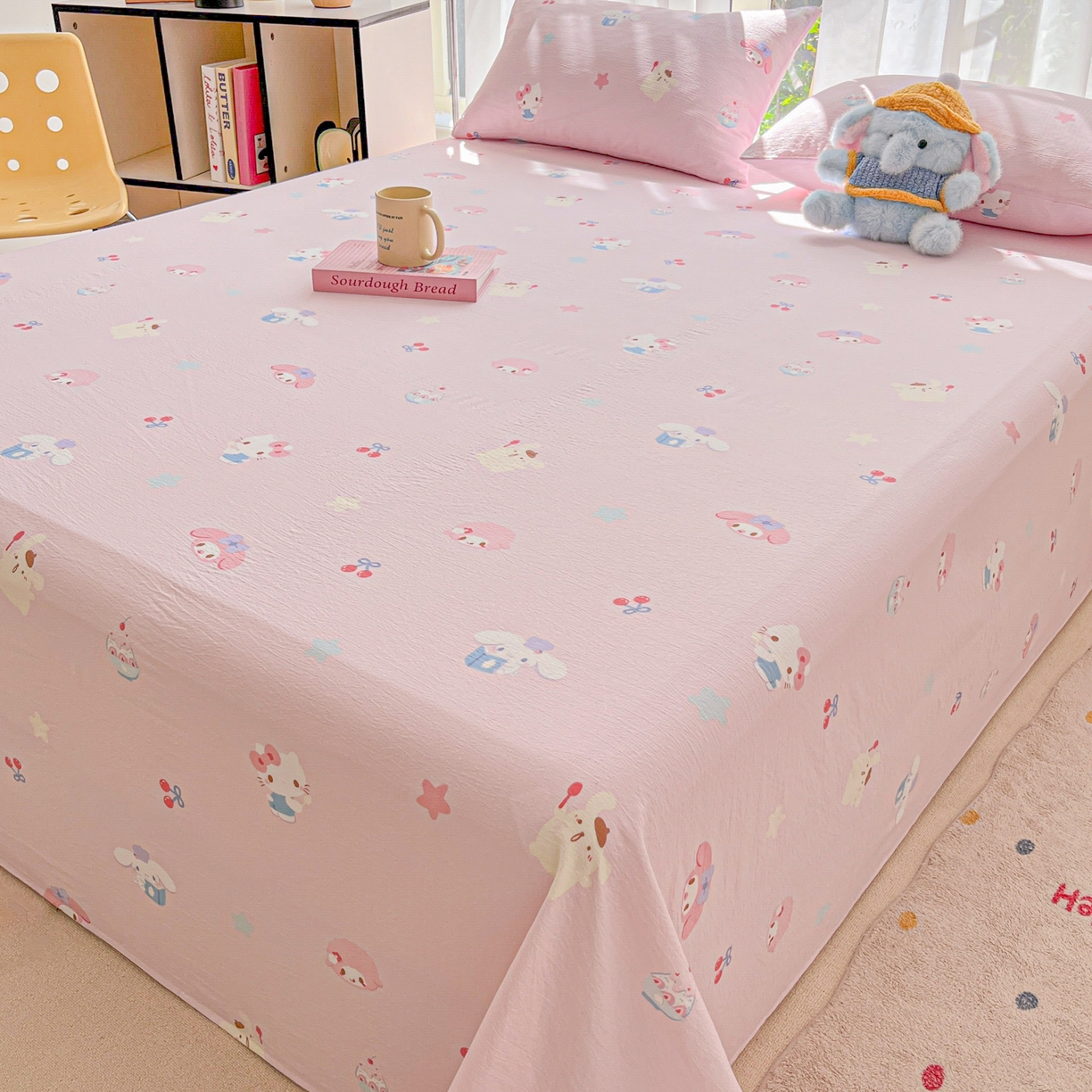 91家纺网 家纺一手货源 找家纺 韩巢家纺 2025新款双层纱儿童卡通风床单寝室单人学生宿舍单床单床单单件单品床单 萌物家族