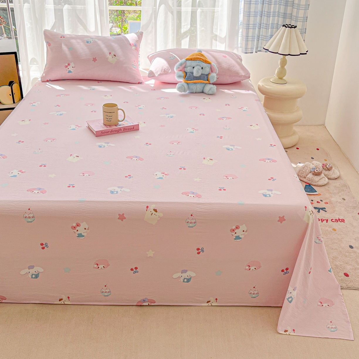 91家纺网 家纺一手货源 找家纺 韩巢家纺 2025新款双层纱儿童卡通风床单寝室单人学生宿舍单床单床单单件单品床单 萌物家族