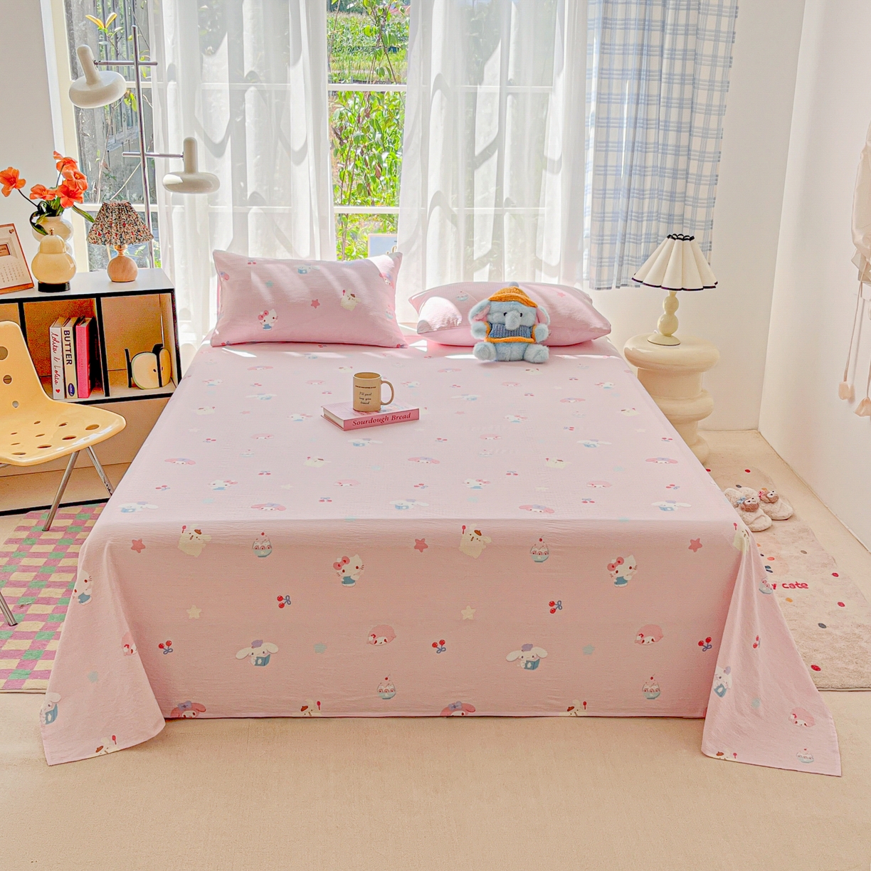 91家纺网 家纺一手货源 找家纺 韩巢家纺 2025新款双层纱儿童卡通风床单寝室单人学生宿舍单床单床单单件单品床单 萌物家族