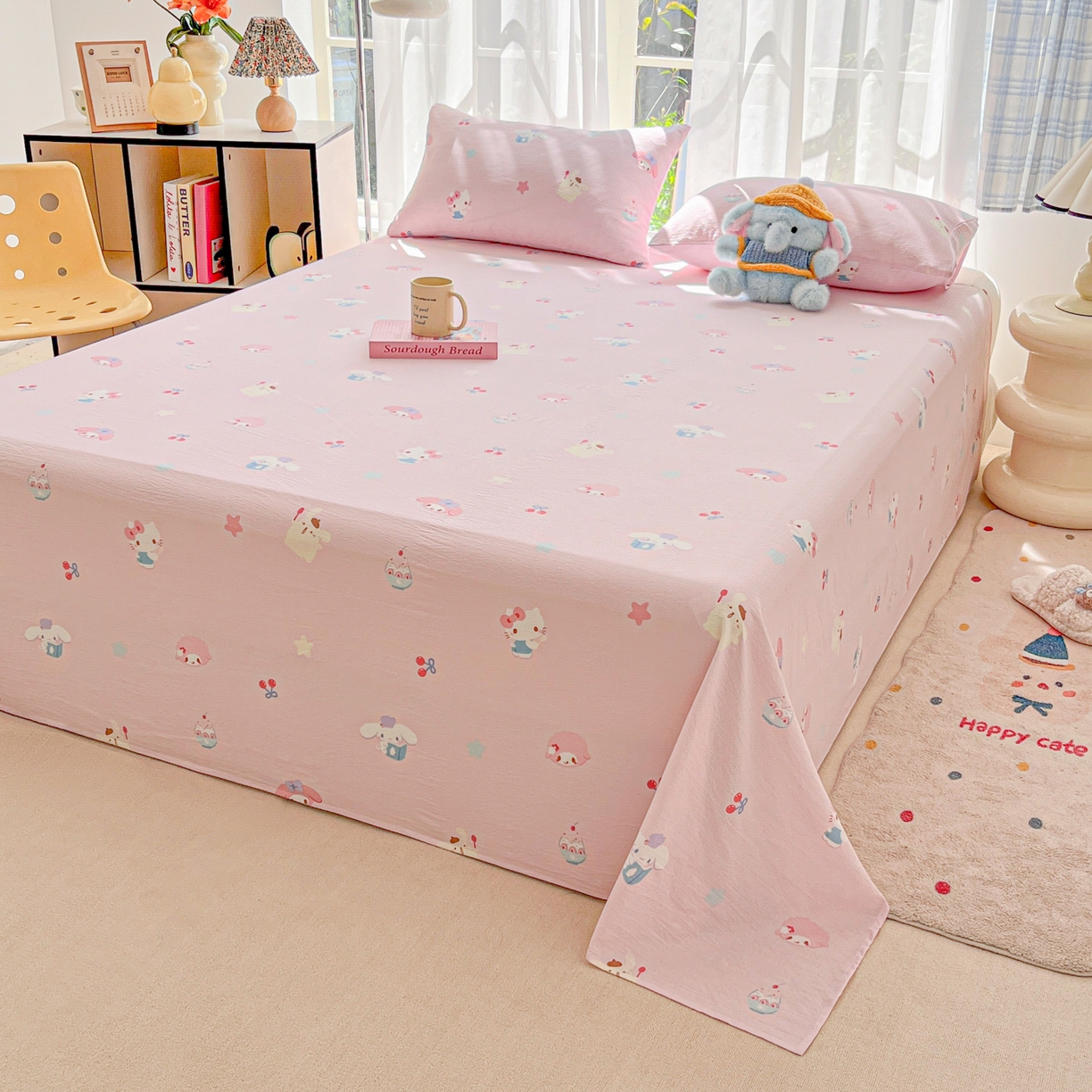 91家纺网 家纺一手货源 找家纺 韩巢家纺 2025新款双层纱儿童卡通风床单寝室单人学生宿舍单床单床单单件单品床单 萌物家族