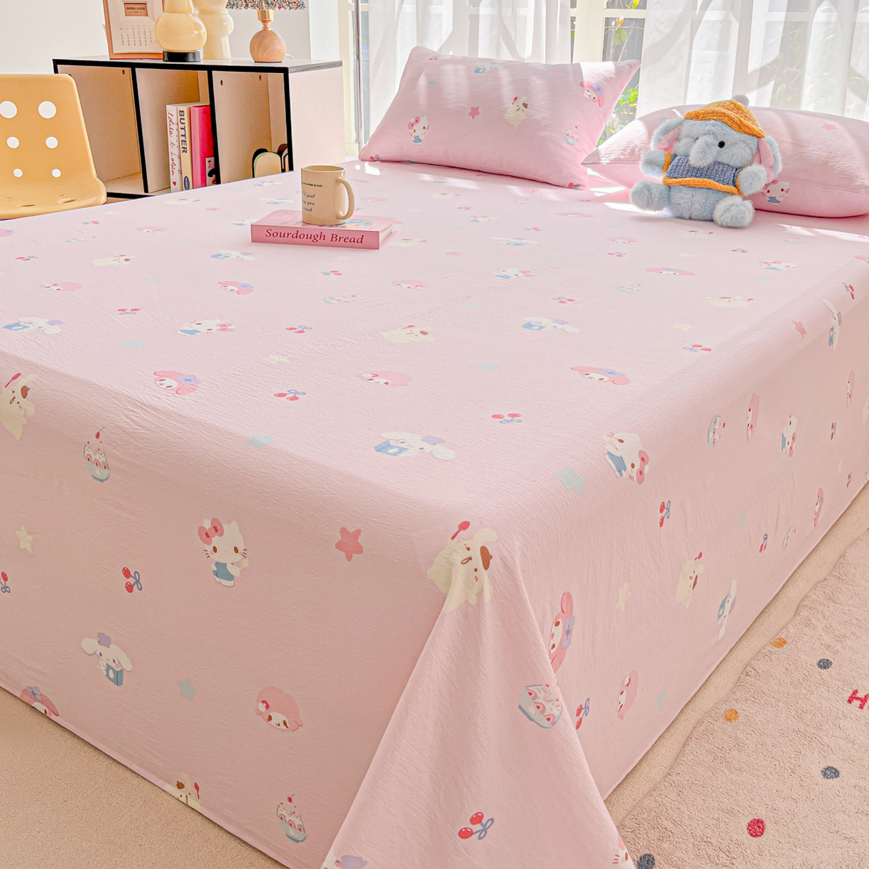 91家纺网 家纺一手货源 找家纺 韩巢家纺 2025新款双层纱儿童卡通风床单寝室单人学生宿舍单床单床单单件单品床单 萌物家族