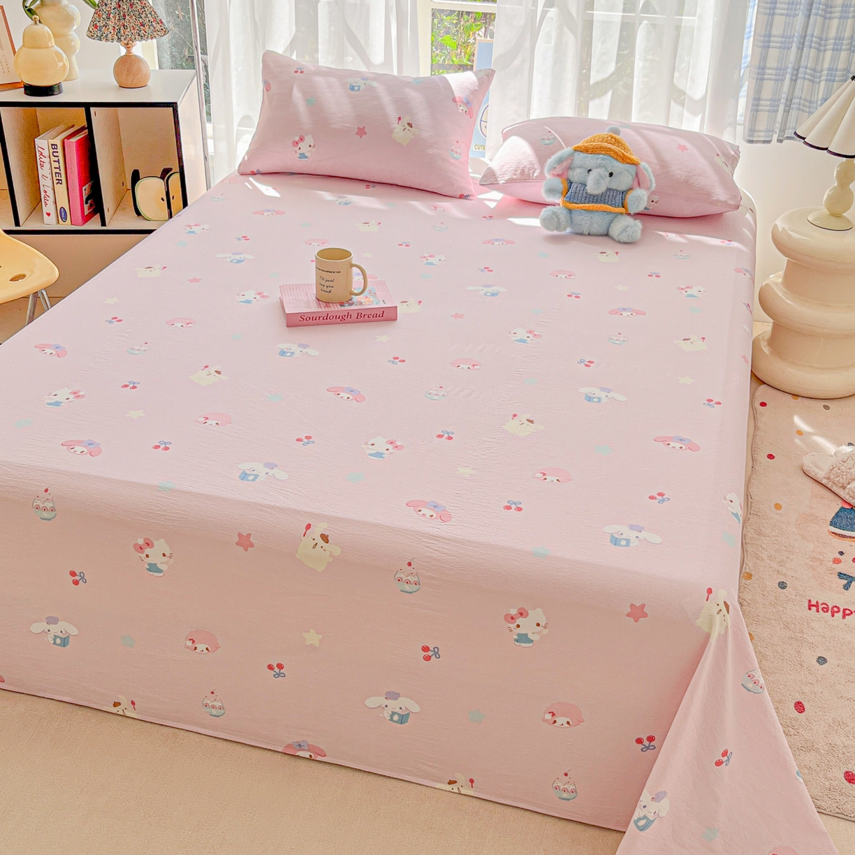 91家纺网 家纺一手货源 找家纺 韩巢家纺 2025新款双层纱儿童卡通风床单寝室单人学生宿舍单床单床单单件单品床单 萌物家族
