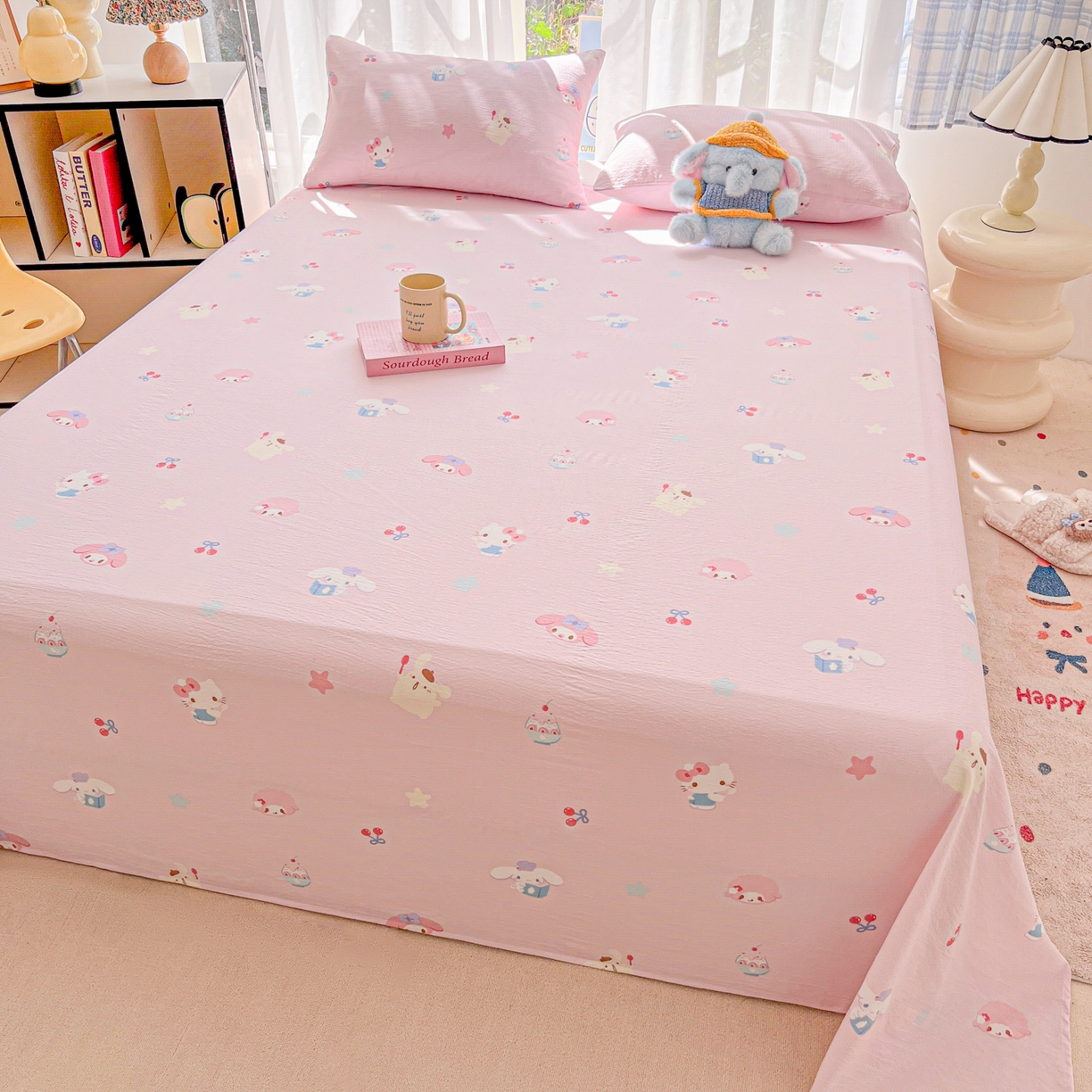 91家纺网 家纺一手货源 找家纺 韩巢家纺 2025新款双层纱儿童卡通风床单寝室单人学生宿舍单床单床单单件单品床单 萌物家族