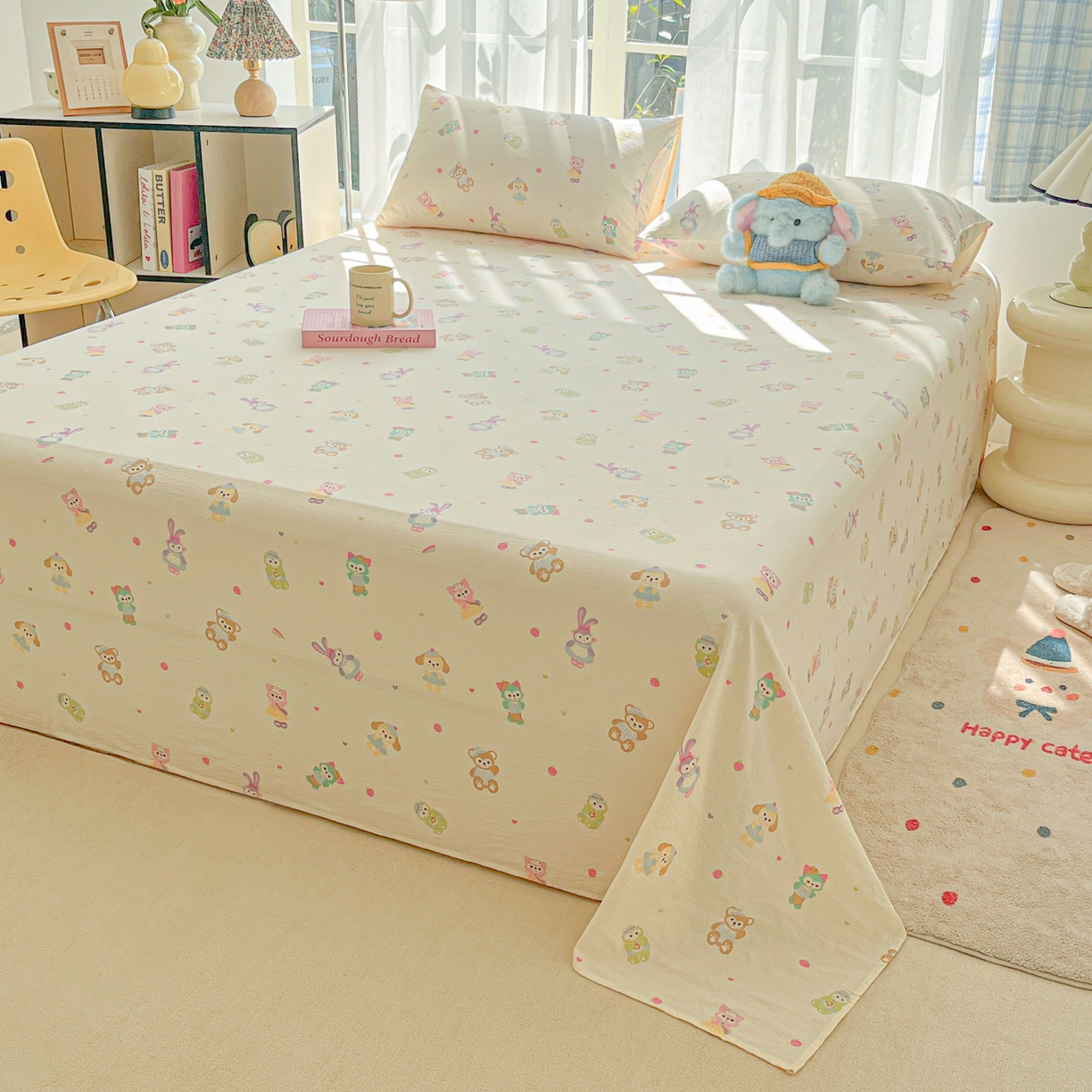 91家纺网 家纺一手货源 找家纺 韩巢家纺 2025新款双层纱儿童卡通风床单寝室单人学生宿舍单床单床单单件单品床单 七宝
