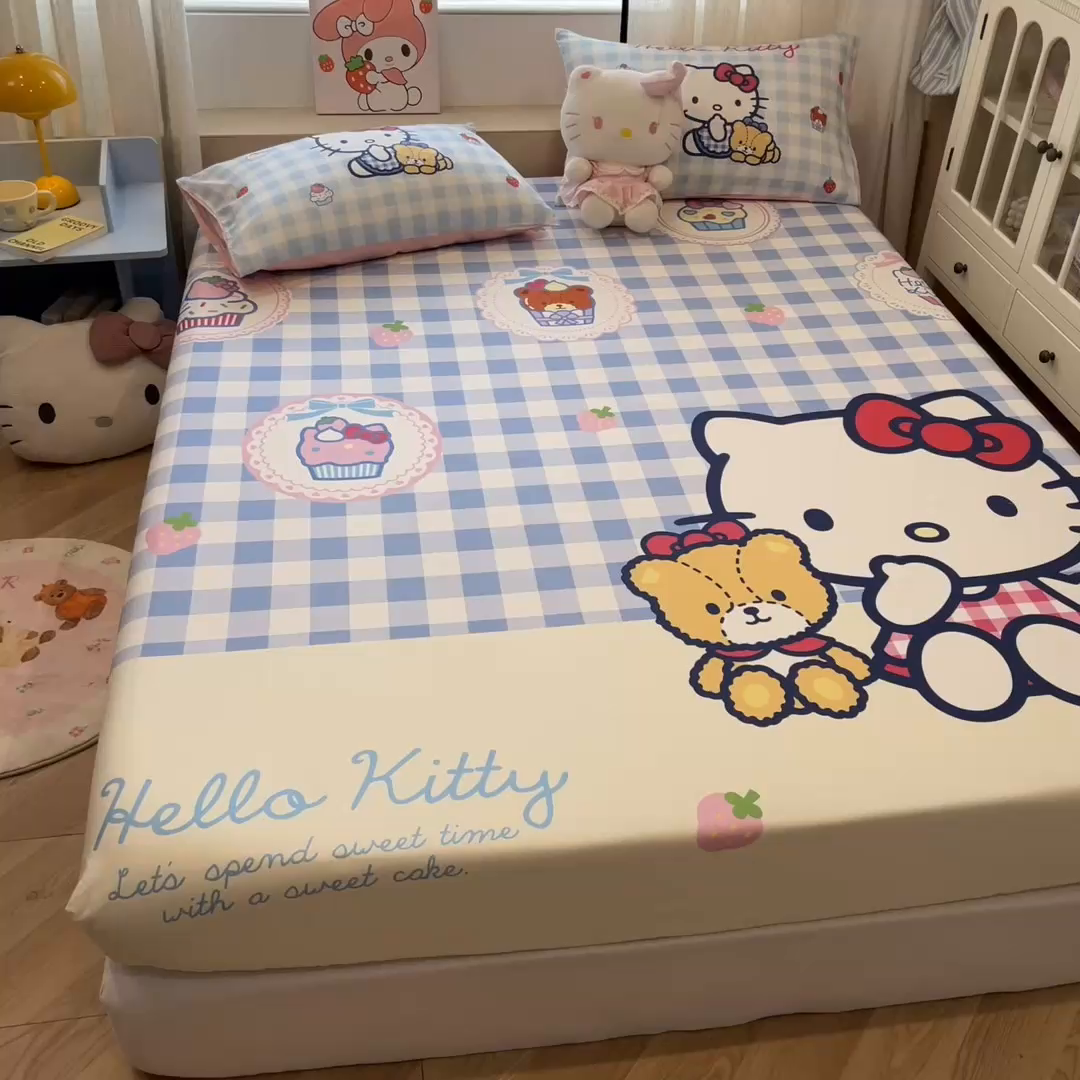 91家纺网 家纺一手货源 找家纺 金爱家 2025新款三丽鸥全棉床笠 单品纯棉-kt和熊