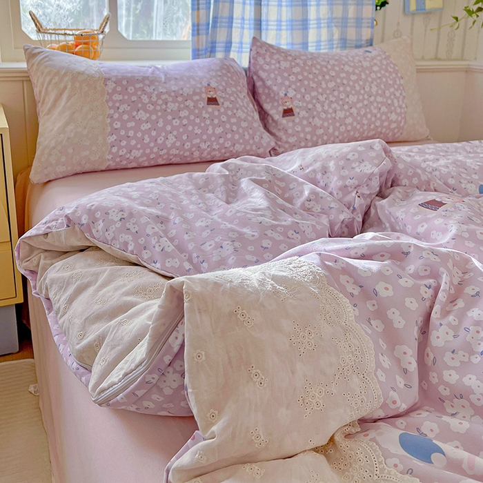 91家纺网 家纺一手货源 找家纺 海岛哥哥 2025新款韩式全棉蕾丝花边软绵绵四件套 兔软软-紫