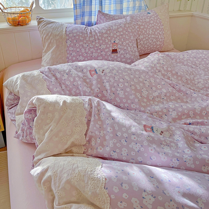 91家纺网 家纺一手货源 找家纺 海岛哥哥 2025新款韩式全棉蕾丝花边软绵绵四件套 兔软软-紫