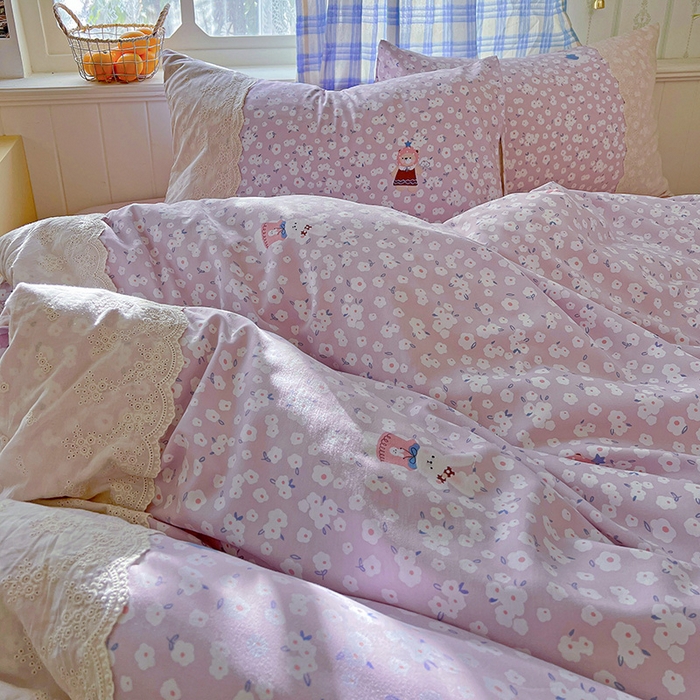 91家纺网 家纺一手货源 找家纺 海岛哥哥 2025新款韩式全棉蕾丝花边软绵绵四件套 兔软软-紫