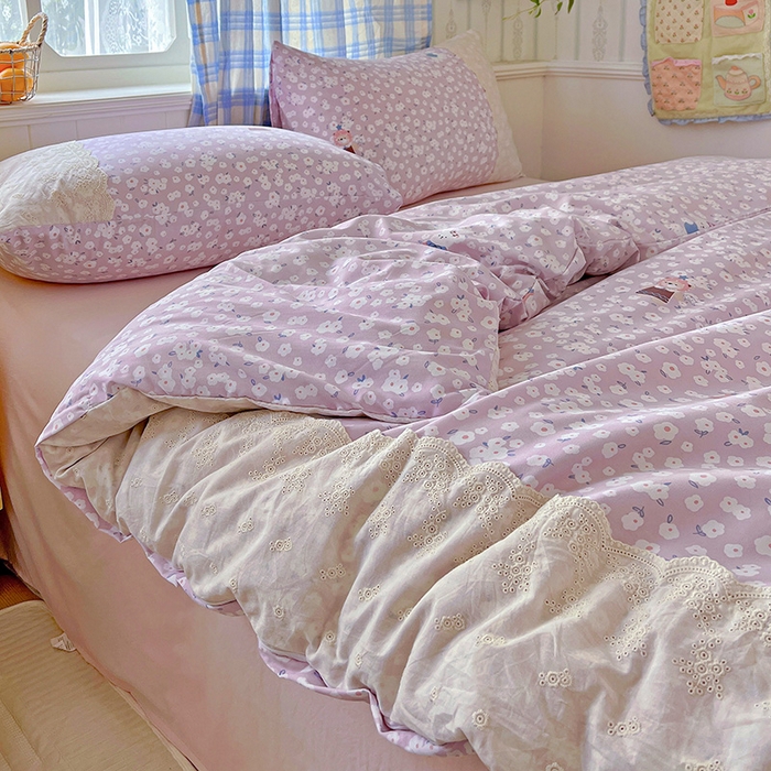 91家纺网 家纺一手货源 找家纺 海岛哥哥 2025新款韩式全棉蕾丝花边软绵绵四件套 兔软软-紫