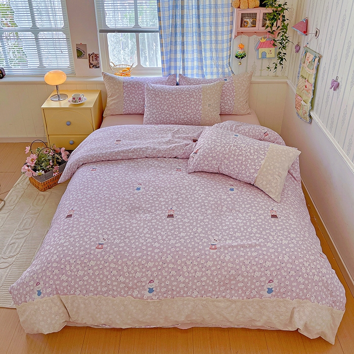 海岛哥哥 2025新款韩式全棉蕾丝花边软绵绵四件套 兔软软-紫