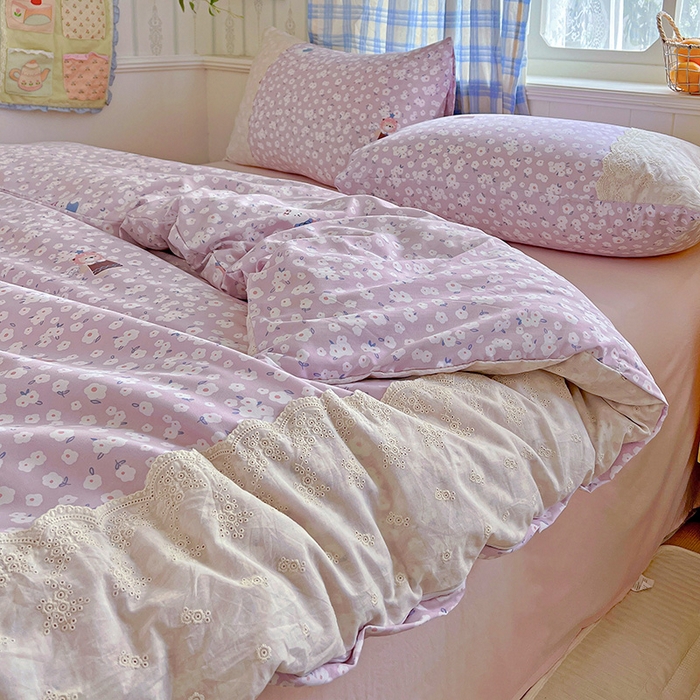 91家纺网 家纺一手货源 找家纺 海岛哥哥 2025新款韩式全棉蕾丝花边软绵绵四件套 兔软软-紫