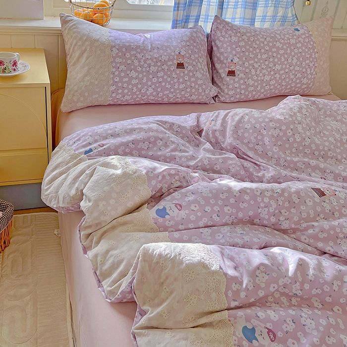 91家纺网 家纺一手货源 找家纺 海岛哥哥 2025新款韩式全棉蕾丝花边软绵绵四件套 兔软软-紫