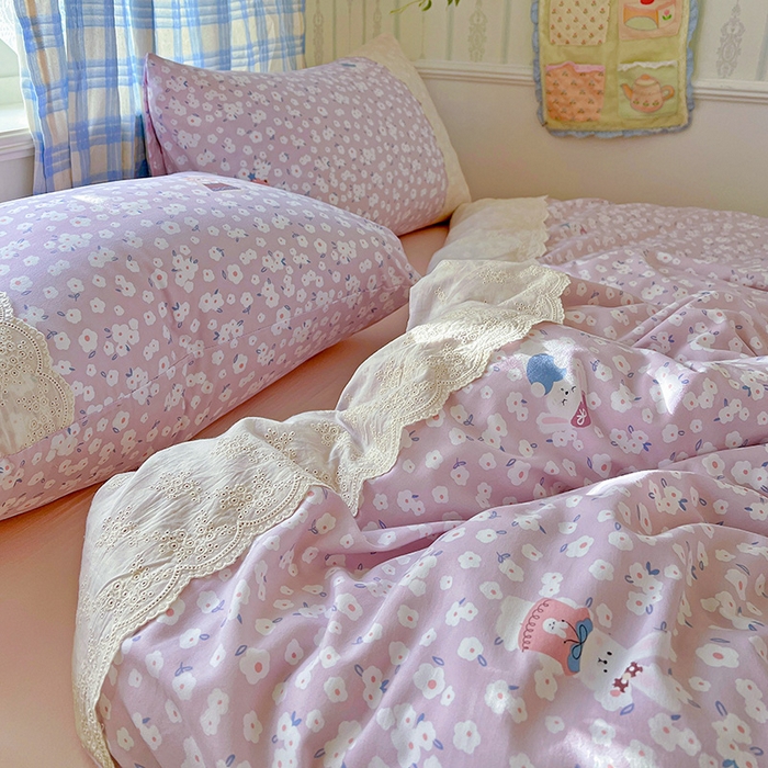 91家纺网 家纺一手货源 找家纺 海岛哥哥 2025新款韩式全棉蕾丝花边软绵绵四件套 兔软软-紫