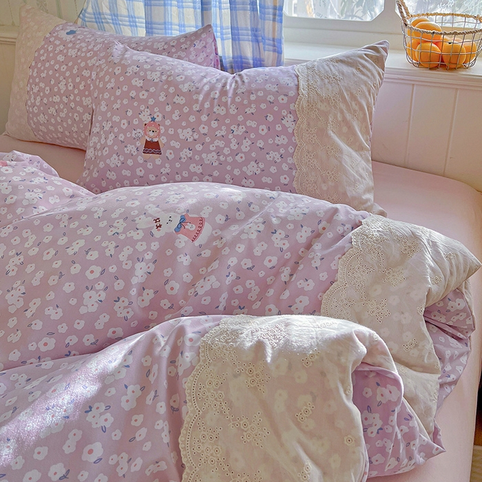 91家纺网 家纺一手货源 找家纺 海岛哥哥 2025新款韩式全棉蕾丝花边软绵绵四件套 兔软软-紫