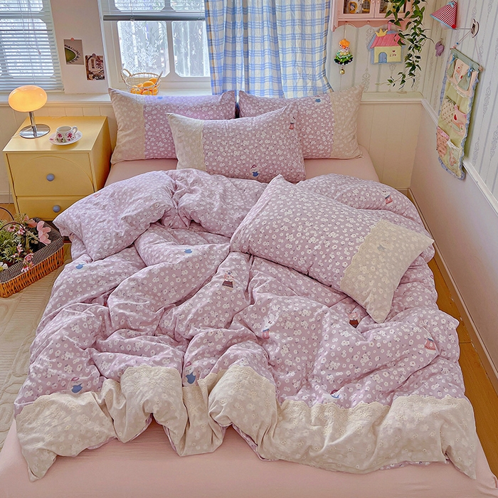 91家纺网 家纺一手货源 找家纺 海岛哥哥 2025新款韩式全棉蕾丝花边软绵绵四件套 兔软软-紫