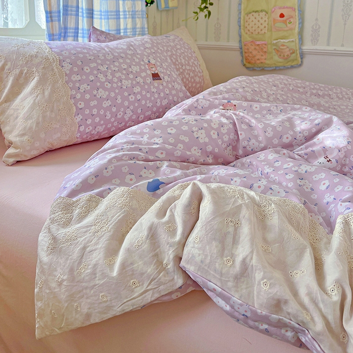 91家纺网 家纺一手货源 找家纺 海岛哥哥 2025新款韩式全棉蕾丝花边软绵绵四件套 兔软软-紫