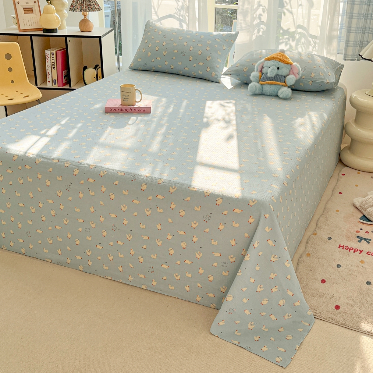 91家纺网 家纺一手货源 找家纺 韩巢家纺 2025新款双层纱儿童卡通风床单寝室单人学生宿舍单床单床单单件单品床单 向天歌大鹅