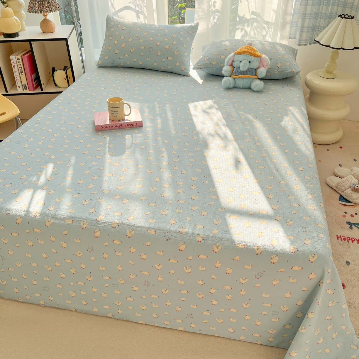 91家纺网 家纺一手货源 找家纺 韩巢家纺 2025新款双层纱儿童卡通风床单寝室单人学生宿舍单床单床单单件单品床单 向天歌大鹅