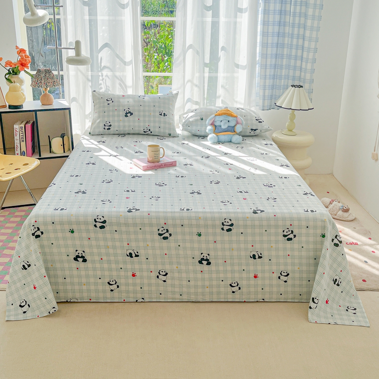 91家纺网 家纺一手货源 找家纺 韩巢家纺 2025新款双层纱儿童卡通风床单寝室单人学生宿舍单床单床单单件单品床单 软软熊猫