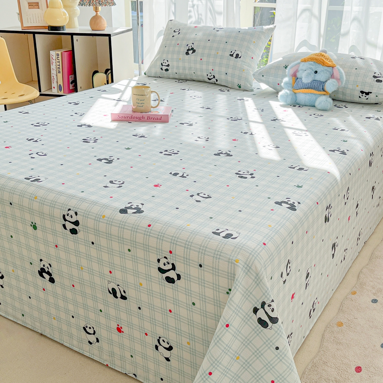 91家纺网 家纺一手货源 找家纺 韩巢家纺 2025新款双层纱儿童卡通风床单寝室单人学生宿舍单床单床单单件单品床单 软软熊猫
