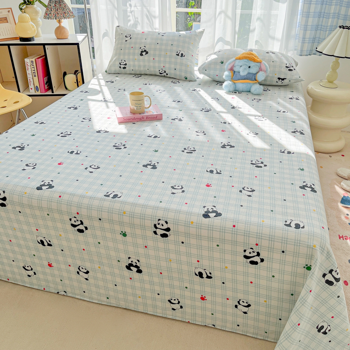 91家纺网 家纺一手货源 找家纺 韩巢家纺 2025新款双层纱儿童卡通风床单寝室单人学生宿舍单床单床单单件单品床单 软软熊猫