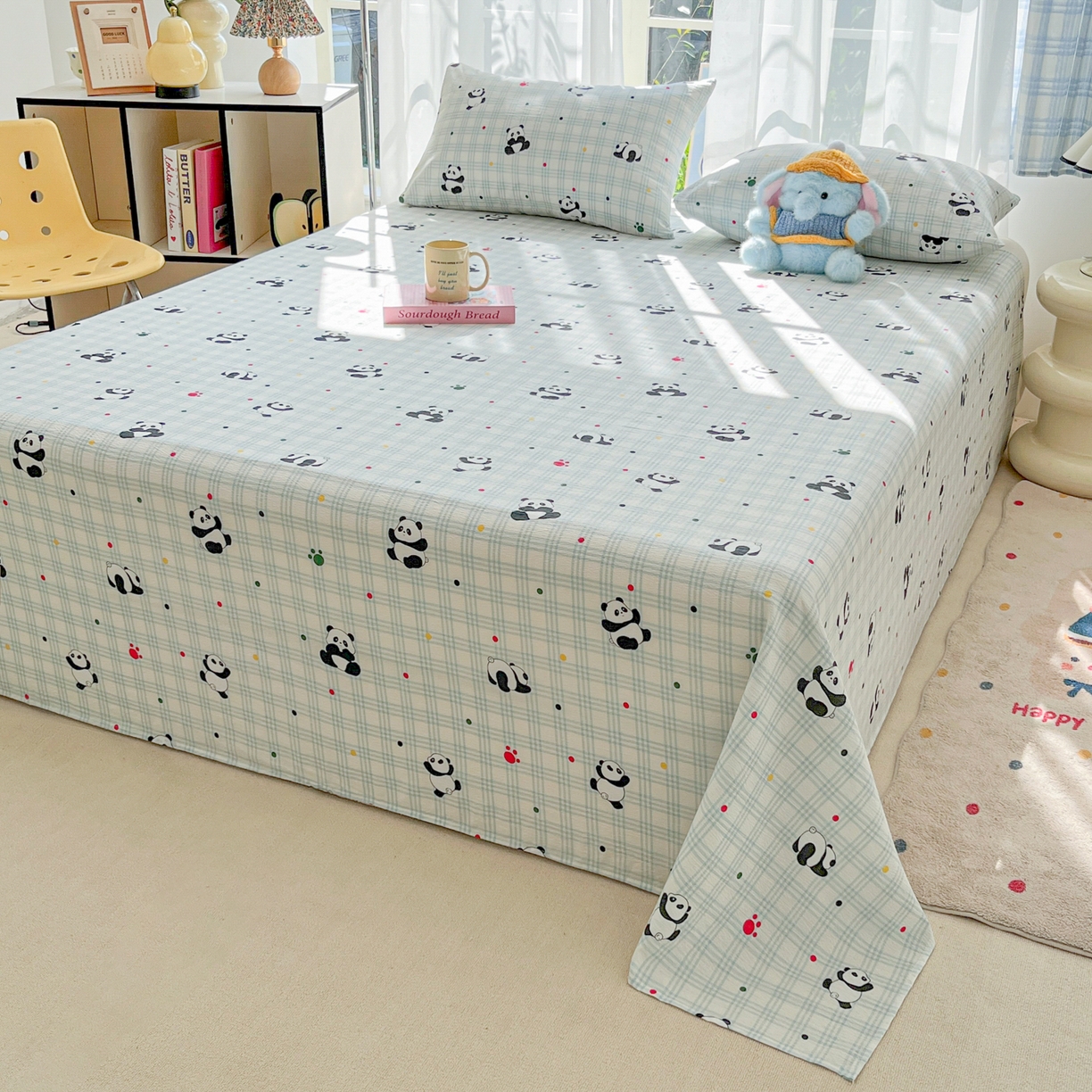 91家纺网 家纺一手货源 找家纺 韩巢家纺 2025新款双层纱儿童卡通风床单寝室单人学生宿舍单床单床单单件单品床单 软软熊猫