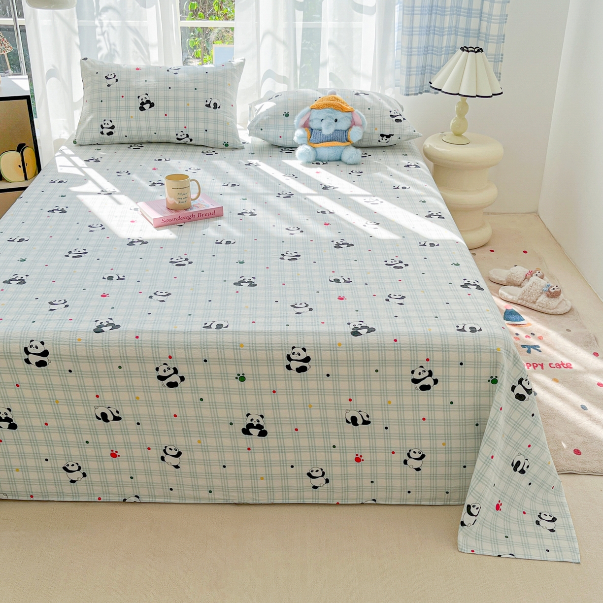 91家纺网 家纺一手货源 找家纺 韩巢家纺 2025新款双层纱儿童卡通风床单寝室单人学生宿舍单床单床单单件单品床单 软软熊猫