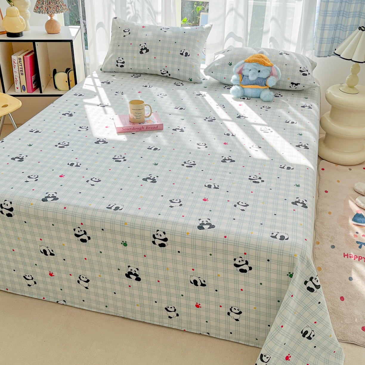 91家纺网 家纺一手货源 找家纺 韩巢家纺 2025新款双层纱儿童卡通风床单寝室单人学生宿舍单床单床单单件单品床单 软软熊猫