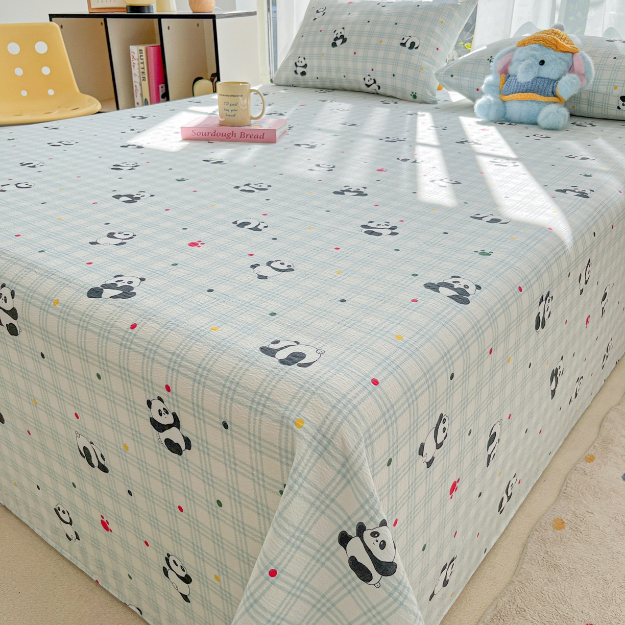 91家纺网 家纺一手货源 找家纺 韩巢家纺 2025新款双层纱儿童卡通风床单寝室单人学生宿舍单床单床单单件单品床单 软软熊猫