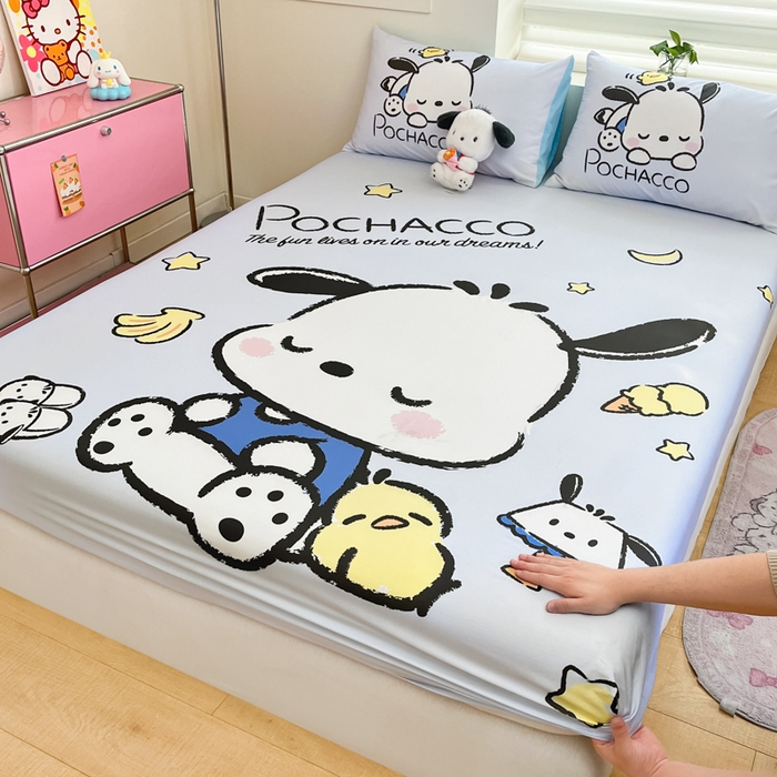 91家纺网 家纺一手货源 找家纺 金爱家 2025新款三丽鸥全棉床笠 棉单品-香蕉帕哈狗