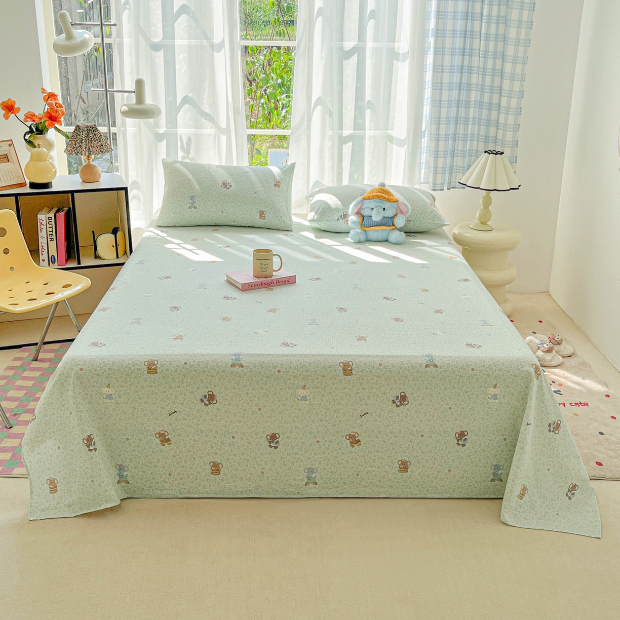 91家纺网 家纺一手货源 找家纺 韩巢家纺 2025新款双层纱儿童卡通风床单寝室单人学生宿舍单床单床单单件单品床单 少女象