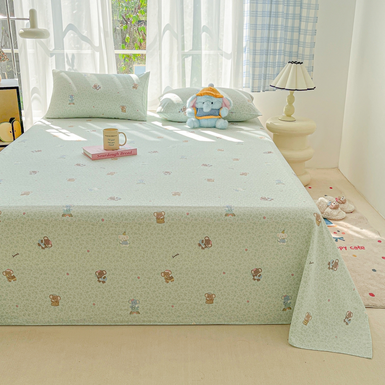 91家纺网 家纺一手货源 找家纺 韩巢家纺 2025新款双层纱儿童卡通风床单寝室单人学生宿舍单床单床单单件单品床单 少女象