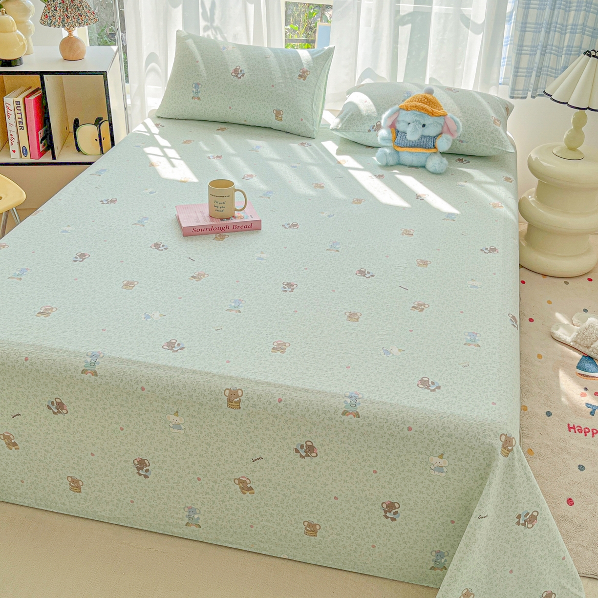 91家纺网 家纺一手货源 找家纺 韩巢家纺 2025新款双层纱儿童卡通风床单寝室单人学生宿舍单床单床单单件单品床单 少女象