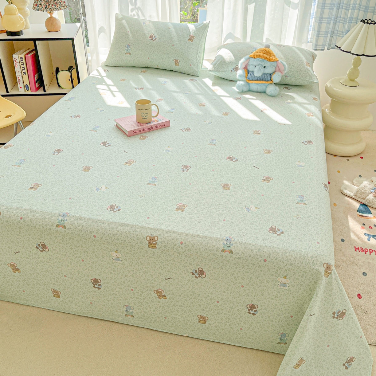 91家纺网 家纺一手货源 找家纺 韩巢家纺 2025新款双层纱儿童卡通风床单寝室单人学生宿舍单床单床单单件单品床单 少女象