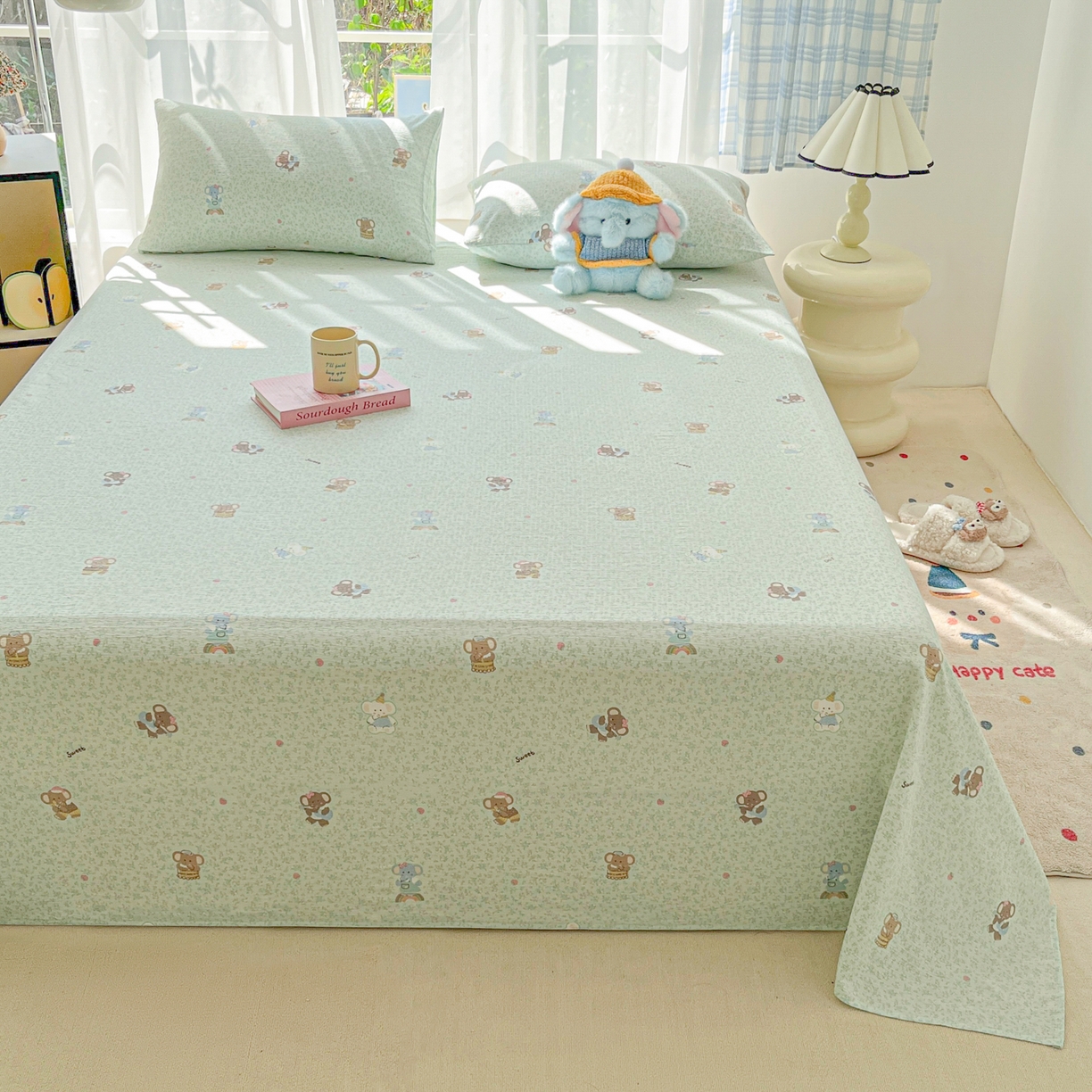 91家纺网 家纺一手货源 找家纺 韩巢家纺 2025新款双层纱儿童卡通风床单寝室单人学生宿舍单床单床单单件单品床单 少女象