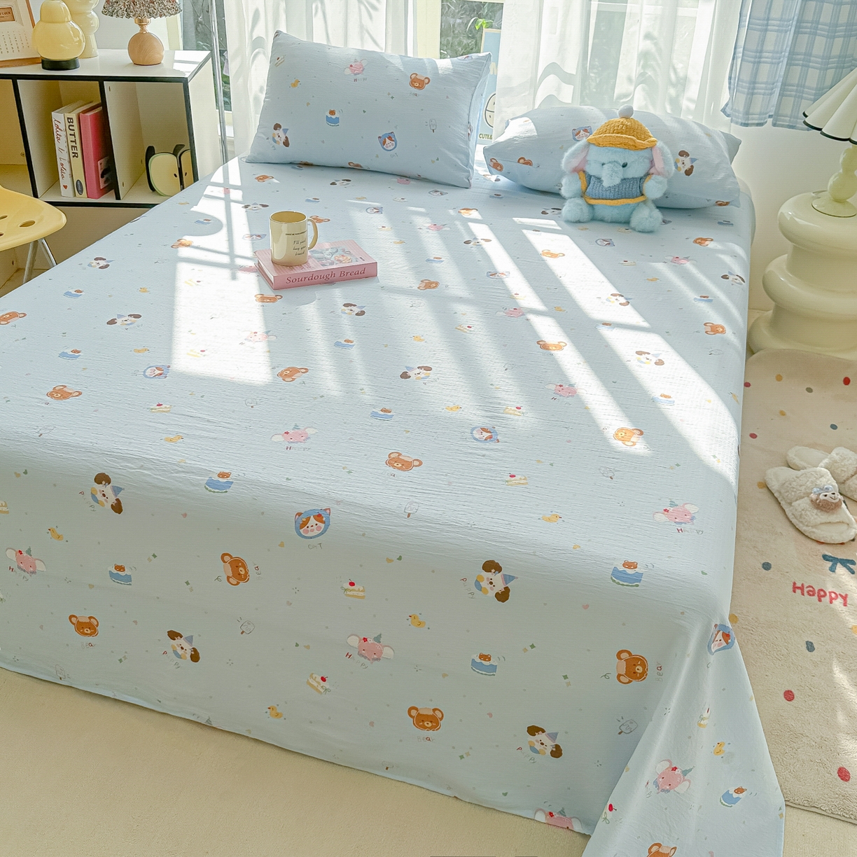 91家纺网 家纺一手货源 找家纺 韩巢家纺 2025新款双层纱儿童卡通风床单寝室单人学生宿舍单床单床单单件单品床单 生日宴会兰