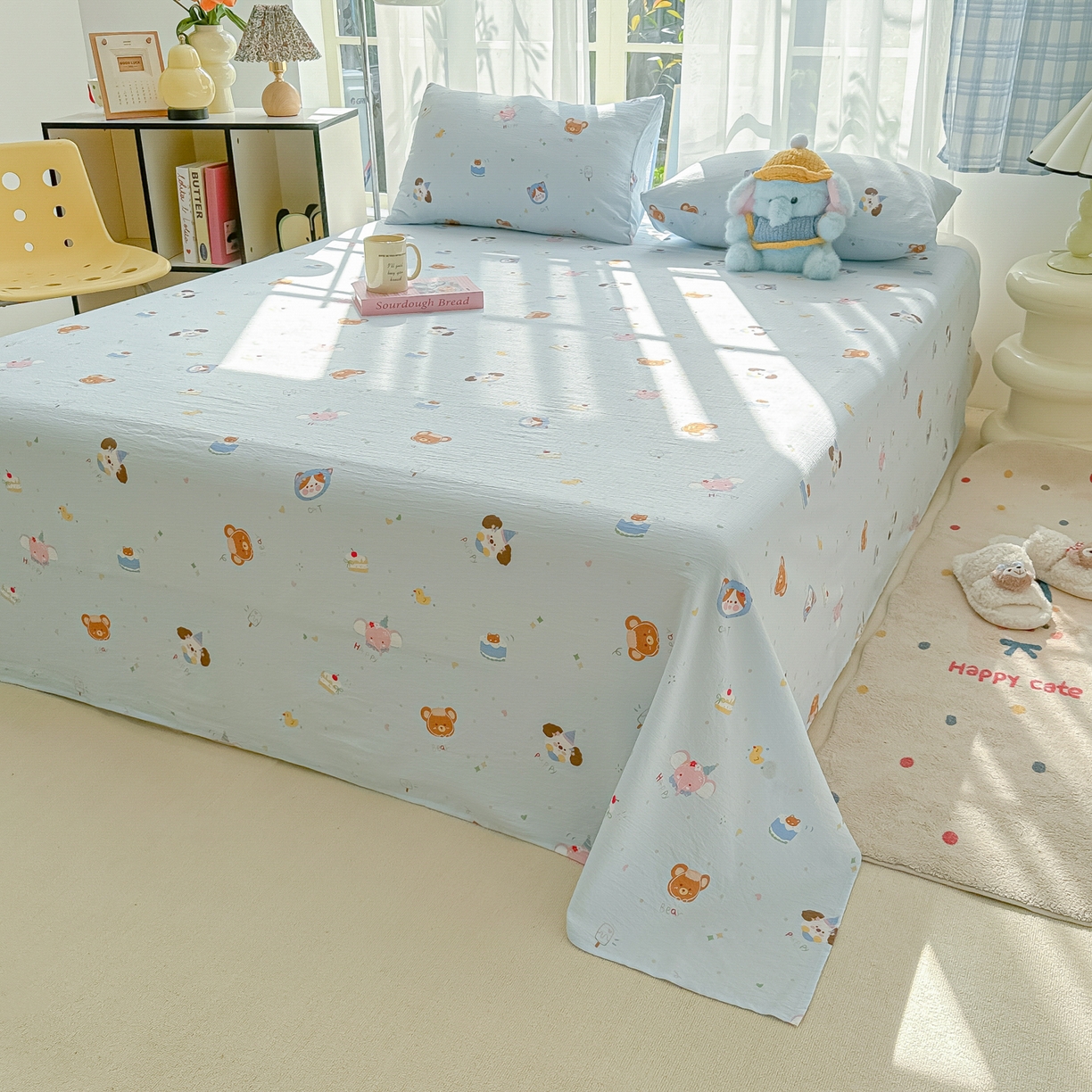 91家纺网 家纺一手货源 找家纺 韩巢家纺 2025新款双层纱儿童卡通风床单寝室单人学生宿舍单床单床单单件单品床单 生日宴会兰