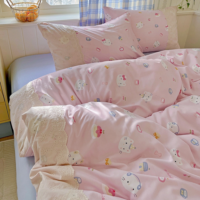 91家纺网 家纺一手货源 找家纺 海岛哥哥 2025新款韩式全棉蕾丝花边软绵绵四件套 小猫时光-粉