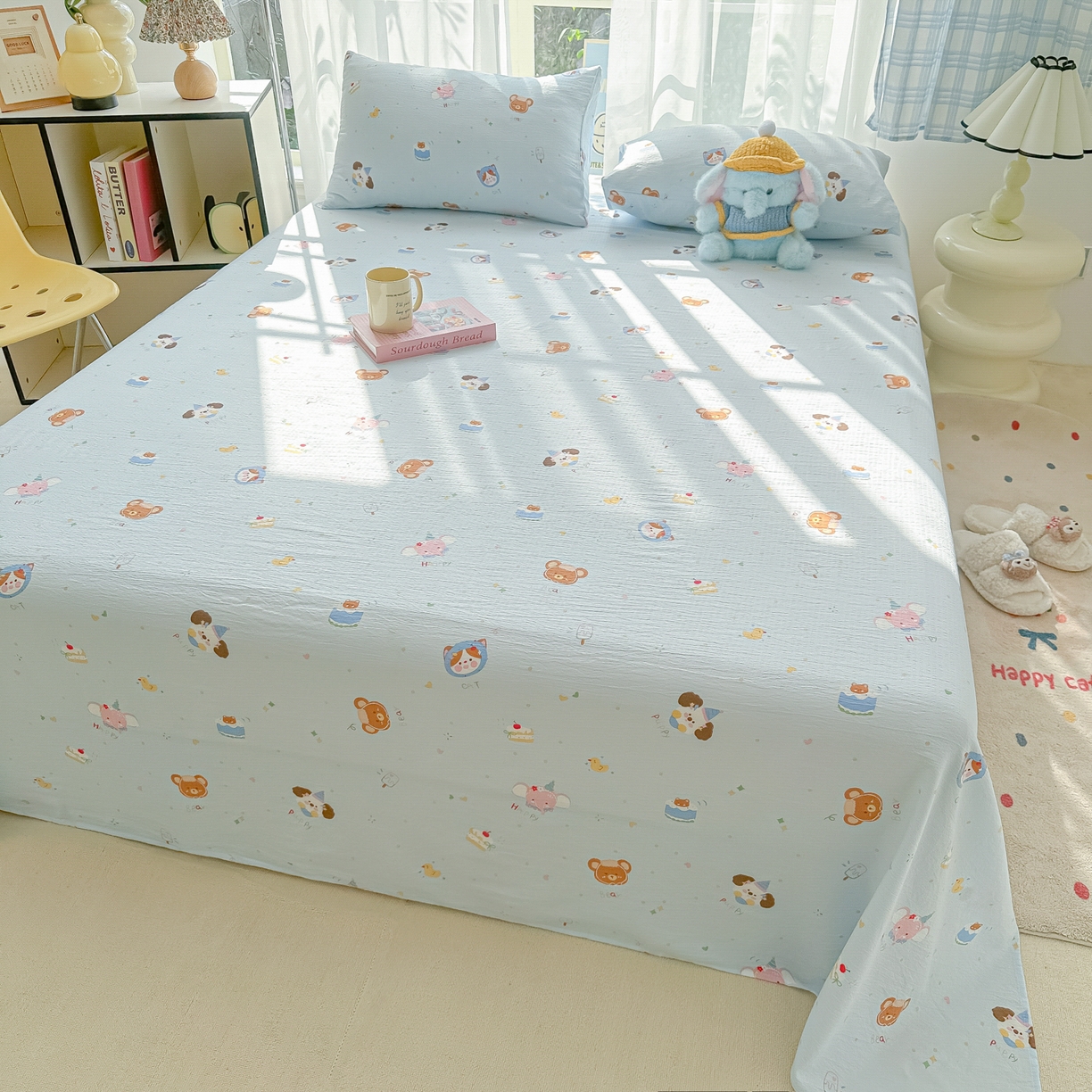 91家纺网 家纺一手货源 找家纺 韩巢家纺 2025新款双层纱儿童卡通风床单寝室单人学生宿舍单床单床单单件单品床单 生日宴会兰