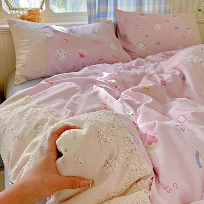 91家纺网 家纺一手货源 找家纺 海岛哥哥 2025新款韩式全棉蕾丝花边软绵绵四件套 小猫时光-粉