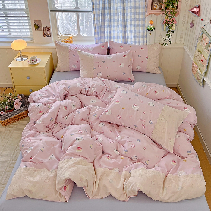 91家纺网 家纺一手货源 找家纺 海岛哥哥 2025新款韩式全棉蕾丝花边软绵绵四件套 小猫时光-粉