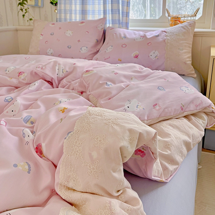 91家纺网 家纺一手货源 找家纺 海岛哥哥 2025新款韩式全棉蕾丝花边软绵绵四件套 小猫时光-粉